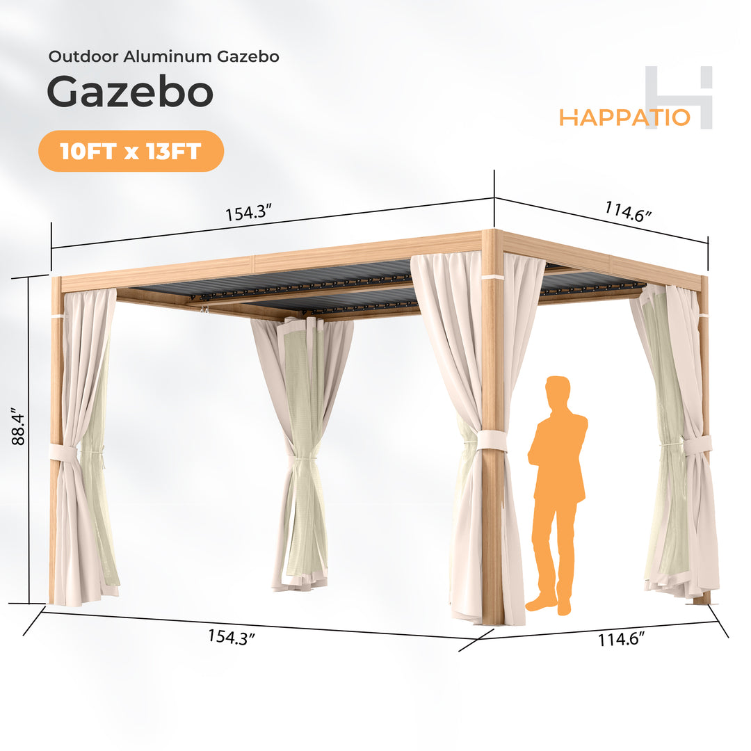 HAPPATIO Outdoor Louvered Pergola, Metal Pergola with Adjustable Rainproof Roof, Patio Pergola with Curtains and Mosquito Nets