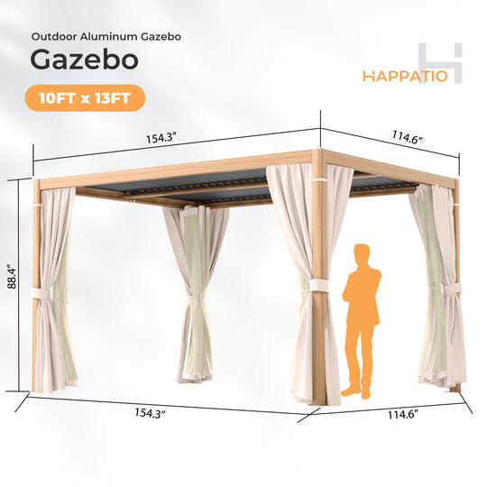 HAPPATIO Outdoor Louvered Pergola, Metal Pergola with Adjustable Rainproof Roof, Patio Pergola with Curtains and Mosquito Nets