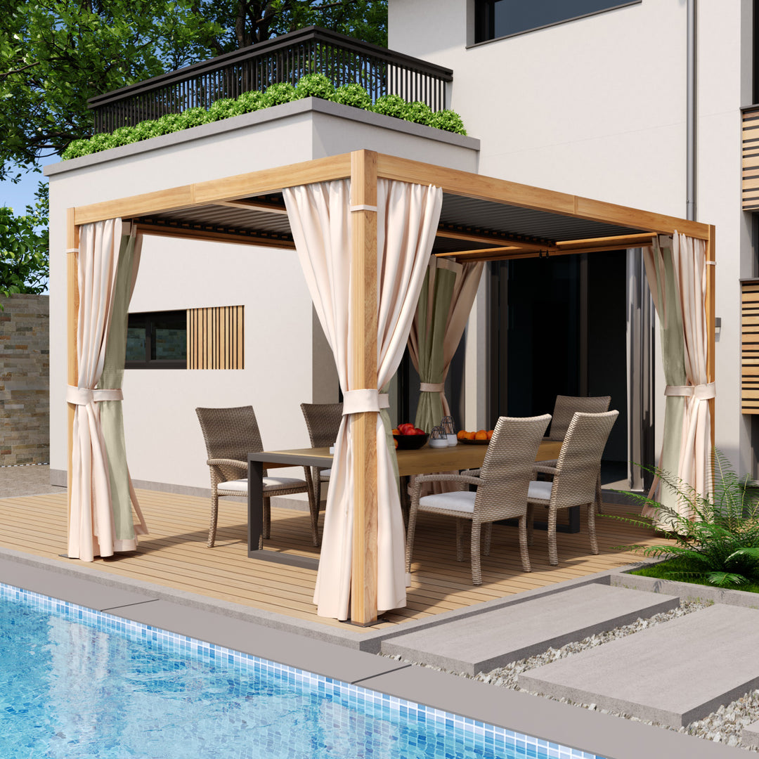 HAPPATIO Outdoor Louvered Pergola, Metal Pergola with Adjustable Rainproof Roof, Patio Pergola with Curtains and Mosquito Nets
