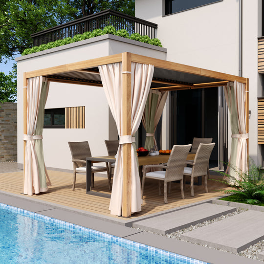 HAPPATIO Outdoor Louvered Pergola, Metal Pergola with Adjustable Rainproof Roof, Patio Pergola with Curtains and Mosquito Nets