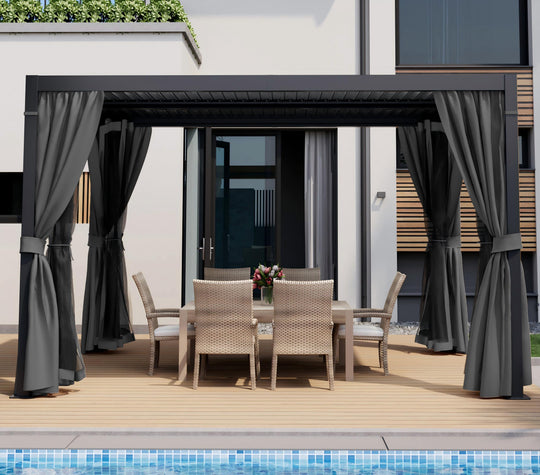 HAPPATIO Outdoor Louvered Pergola, Metal Pergola with Adjustable Rainproof Roof, Patio Pergola with Curtains and Mosquito Nets