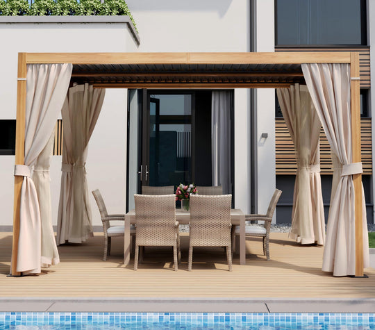 HAPPATIO Outdoor Louvered Pergola, Metal Pergola with Adjustable Rainproof Roof, Patio Pergola with Curtains and Mosquito Nets