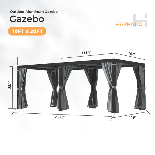 HAPPATIO Outdoor Louvered Pergola, Metal Pergola with Adjustable Rainproof Roof, Patio Pergola with Curtains and Mosquito Nets