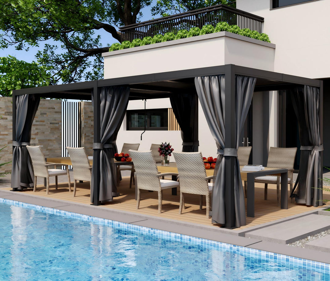 HAPPATIO Outdoor Louvered Pergola, Metal Pergola with Adjustable Rainproof Roof, Patio Pergola with Curtains and Mosquito Nets