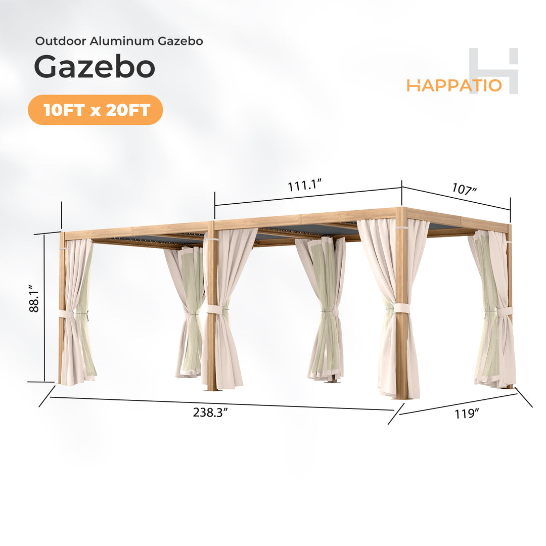HAPPATIO Outdoor Louvered Pergola, Metal Pergola with Adjustable Rainproof Roof, Patio Pergola with Curtains and Mosquito Nets