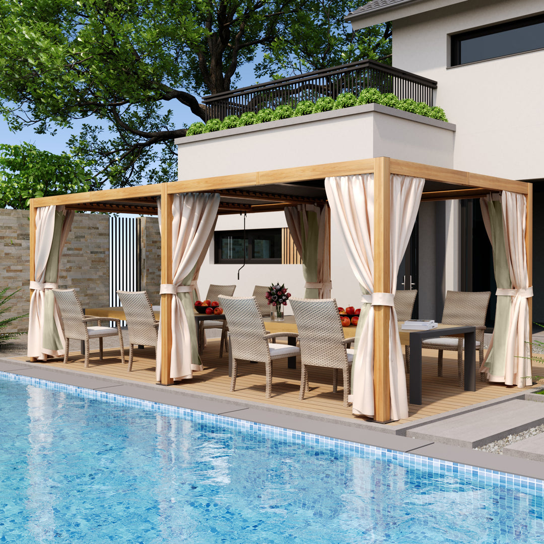 HAPPATIO Outdoor Louvered Pergola, Metal Pergola with Adjustable Rainproof Roof, Patio Pergola with Curtains and Mosquito Nets