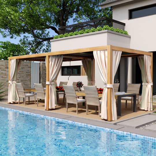 HAPPATIO Outdoor Louvered Pergola, Metal Pergola with Adjustable Rainproof Roof, Patio Pergola with Curtains and Mosquito Nets
