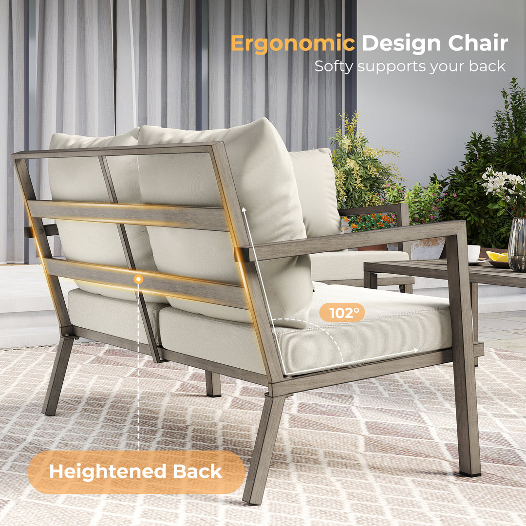 HAPPATIO Aluminum Patio Furniture Set, 4 Pieces Conversation Set with Thick Cushions and Coffee Table, All Weather Sofa Couch Waterproof and Rustproof for Garden, Backyard, Porch, Beige