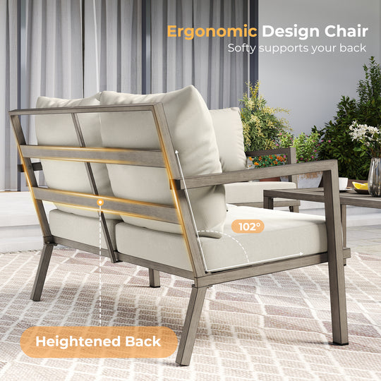 HAPPATIO Aluminum Patio Furniture Set, 4 Pieces Conversation Set with Thick Cushions and Coffee Table, All Weather Sofa Couch Waterproof and Rustproof for Garden, Backyard, Porch, Beige