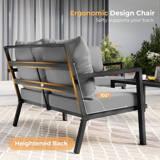 HAPPATIO Aluminum Patio Furniture Set, 4 Pieces Conversation Set with Thick Cushions and Coffee Table, All Weather Sofa Couch Waterproof and Rustproof for Garden, Backyard, Porch, Beige