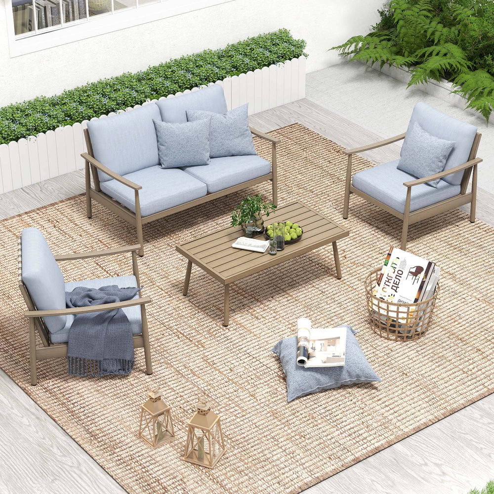 HAPPATIO Patio Outdoor Furniture Set - 4 Piece Aluminum Patio Conversation Set with 1 Coffee Table, 2 Armchairs and 1 Loveseat, Aluminum Outdoor Furniture Set for Backyard Deck Poolside