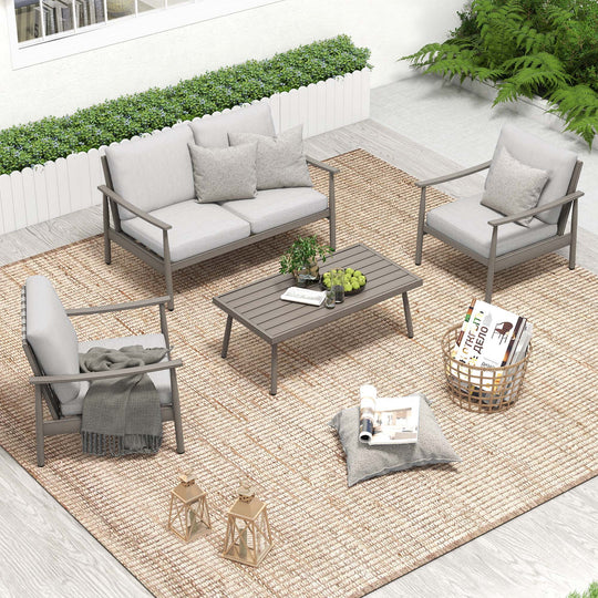 HAPPATIO Patio Outdoor Furniture Set - 4 Piece Aluminum Patio Conversation Set with 1 Coffee Table, 2 Armchairs and 1 Loveseat, Aluminum Outdoor Furniture Set for Backyard Deck Poolside