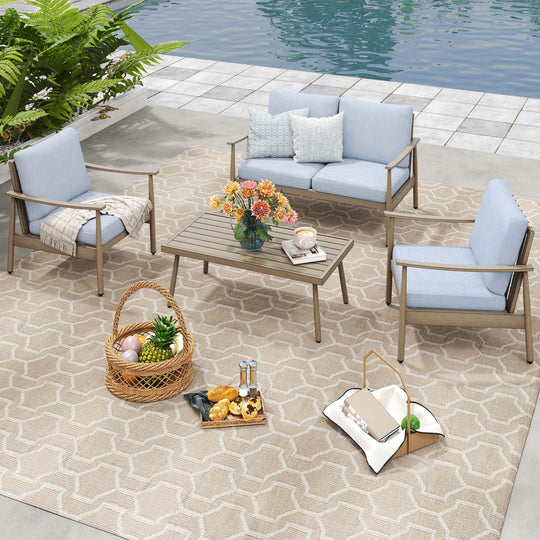 HAPPATIO Patio Outdoor Furniture Set - 4 Piece Aluminum Patio Conversation Set with 1 Coffee Table, 2 Armchairs and 1 Loveseat, Aluminum Outdoor Furniture Set for Backyard Deck Poolside