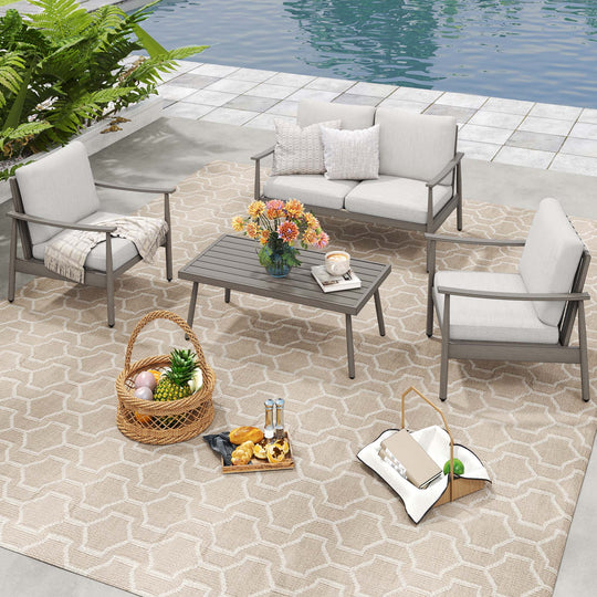HAPPATIO Patio Outdoor Furniture Set - 4 Piece Aluminum Patio Conversation Set with 1 Coffee Table, 2 Armchairs and 1 Loveseat, Aluminum Outdoor Furniture Set for Backyard Deck Poolside