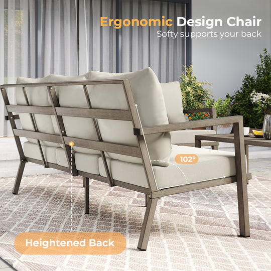 HAPPATIO Aluminum Patio Furniture Set, 4 Pieces Conversation Set with Thick Cushions and Coffee Table, All Weather Sofa Couch Waterproof and Rustproof for Garden, Backyard, Porch, Beige
