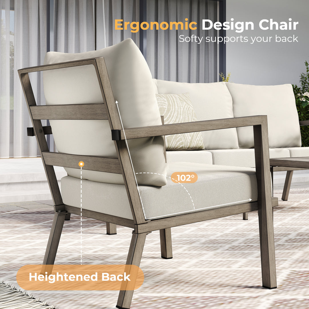 HAPPATIO Aluminum Patio Furniture Set, 3 Pieces Conversation Set with Thick Cushions and Side Table, Waterproof and Rustproof for All weather, Seating Sofa for Garden, Backyard, Porch