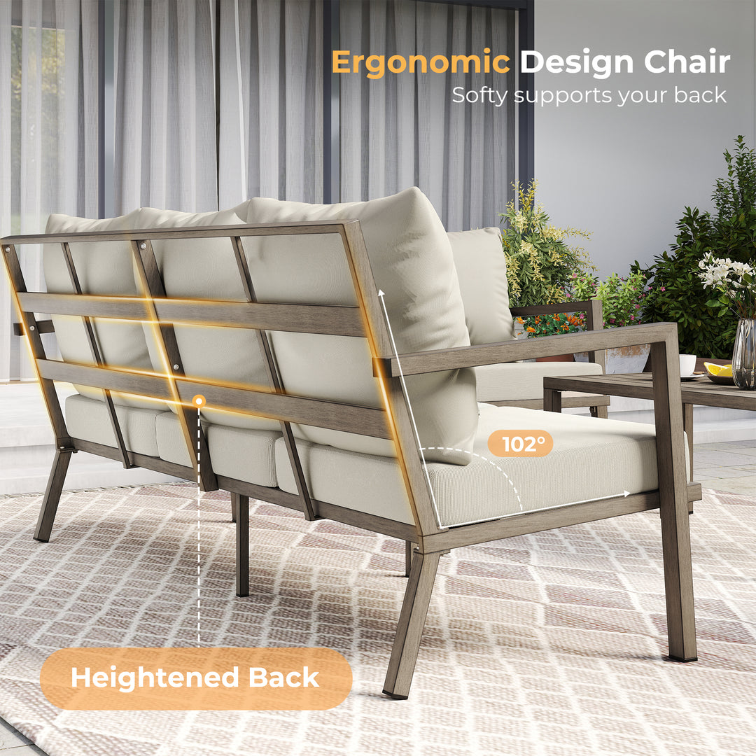 HAPPATIO Aluminum Patio Furniture Set, 4 Pieces Conversation Set with Thick Cushions and Coffee Table, All Weather Sofa Couch Waterproof and Rustproof for Garden, Backyard, Porch, Beige