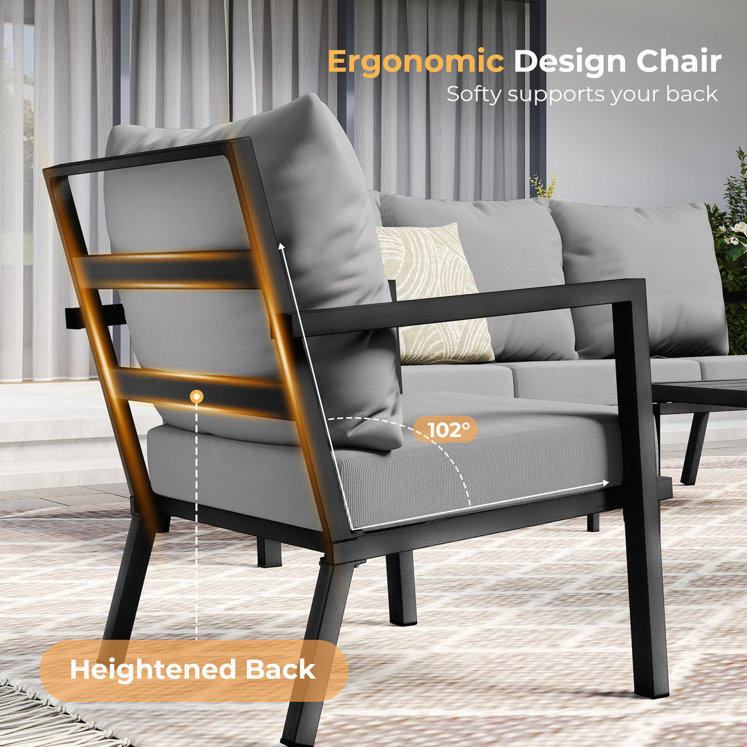 HAPPATIO Aluminum Patio Furniture Set, 3 Pieces Conversation Set with Thick Cushions and Side Table, Waterproof and Rustproof for All weather, Seating Sofa for Garden, Backyard, Porch