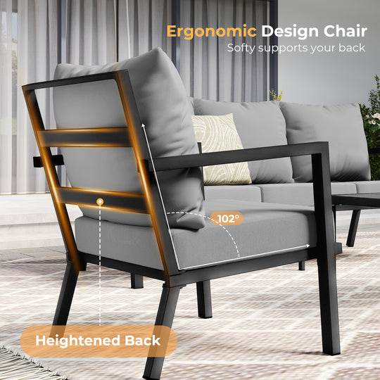 HAPPATIO Aluminum Patio Furniture Set, 3 Pieces Conversation Set with Thick Cushions and Side Table, Waterproof and Rustproof for All weather, Seating Sofa for Garden, Backyard, Porch