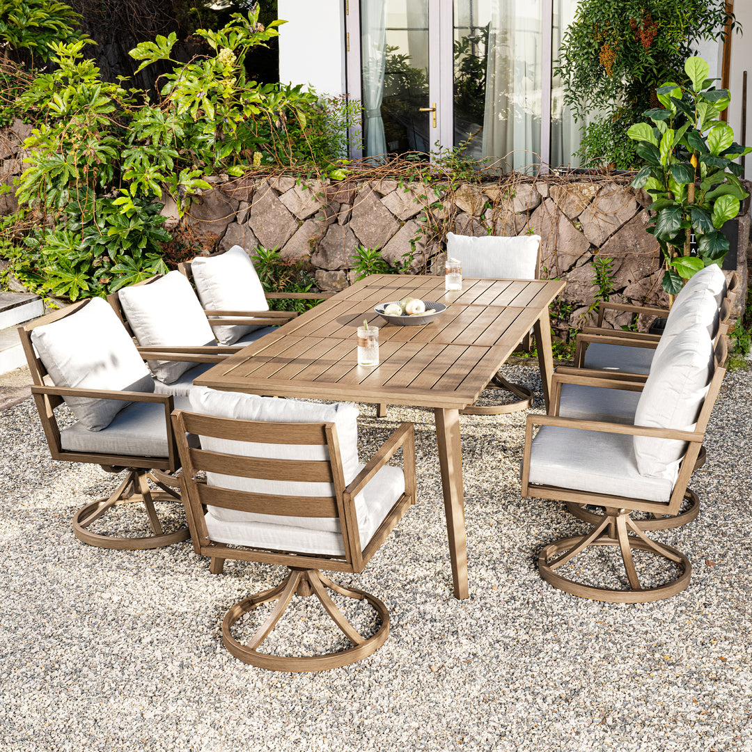 HAPPATIO Outdoor Dining Set,  Aluminum Patio Dining Set with Wood-Like Hand-Painted Finish, Dining Chairs with Waterproof Cushions, Easy Assembly for Backyard, Garden, Porch