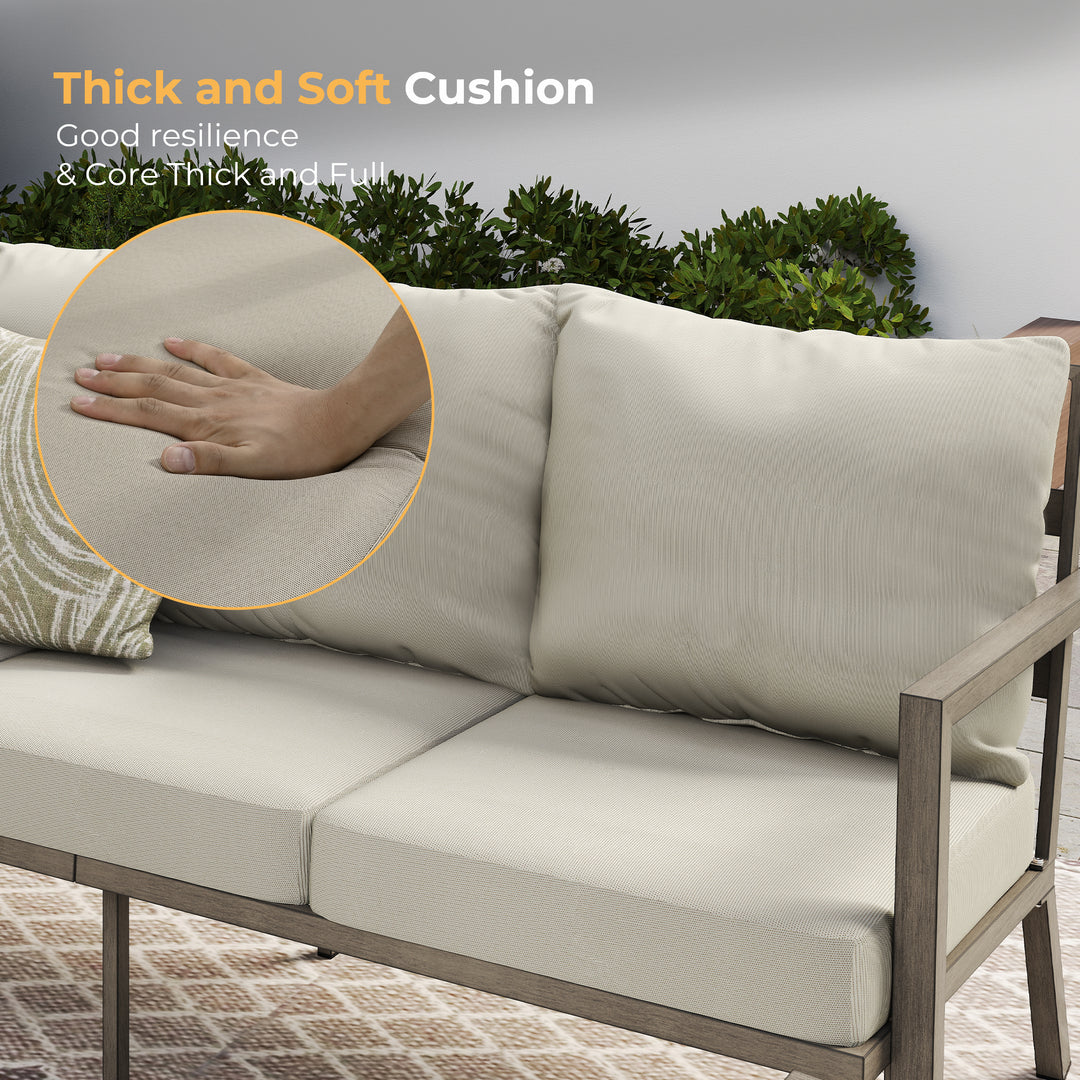 HAPPATIO Aluminum Patio Furniture Set, 4 Pieces Conversation Set with Thick Cushions and Coffee Table, All Weather Sofa Couch Waterproof and Rustproof for Garden, Backyard, Porch, Beige