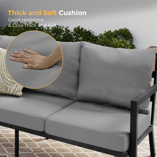 HAPPATIO Aluminum Patio Furniture Set, 4 Pieces Conversation Set with Thick Cushions and Coffee Table, All Weather Sofa Couch Waterproof and Rustproof for Garden, Backyard, Porch, Beige