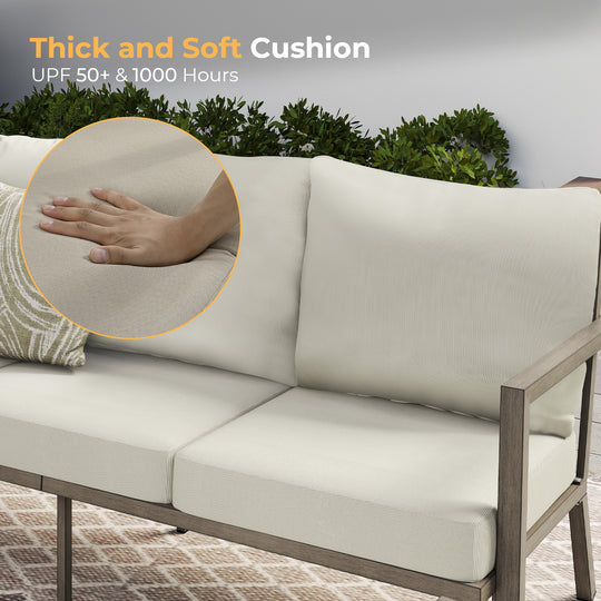 HAPPATIO Aluminum Patio Furniture Set, 4 Pieces Conversation Set with Thick Cushions and Coffee Table, All Weather Sofa Couch Waterproof and Rustproof for Garden, Backyard, Porch, Beige