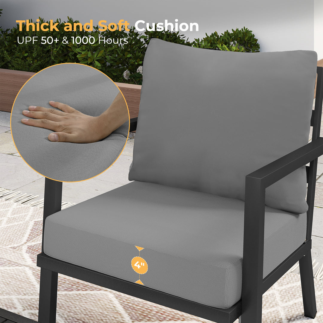 HAPPATIO Aluminum Patio Furniture Set, 3 Pieces Conversation Set with Thick Cushions and Side Table, Waterproof and Rustproof for All weather, Seating Sofa for Garden, Backyard, Porch