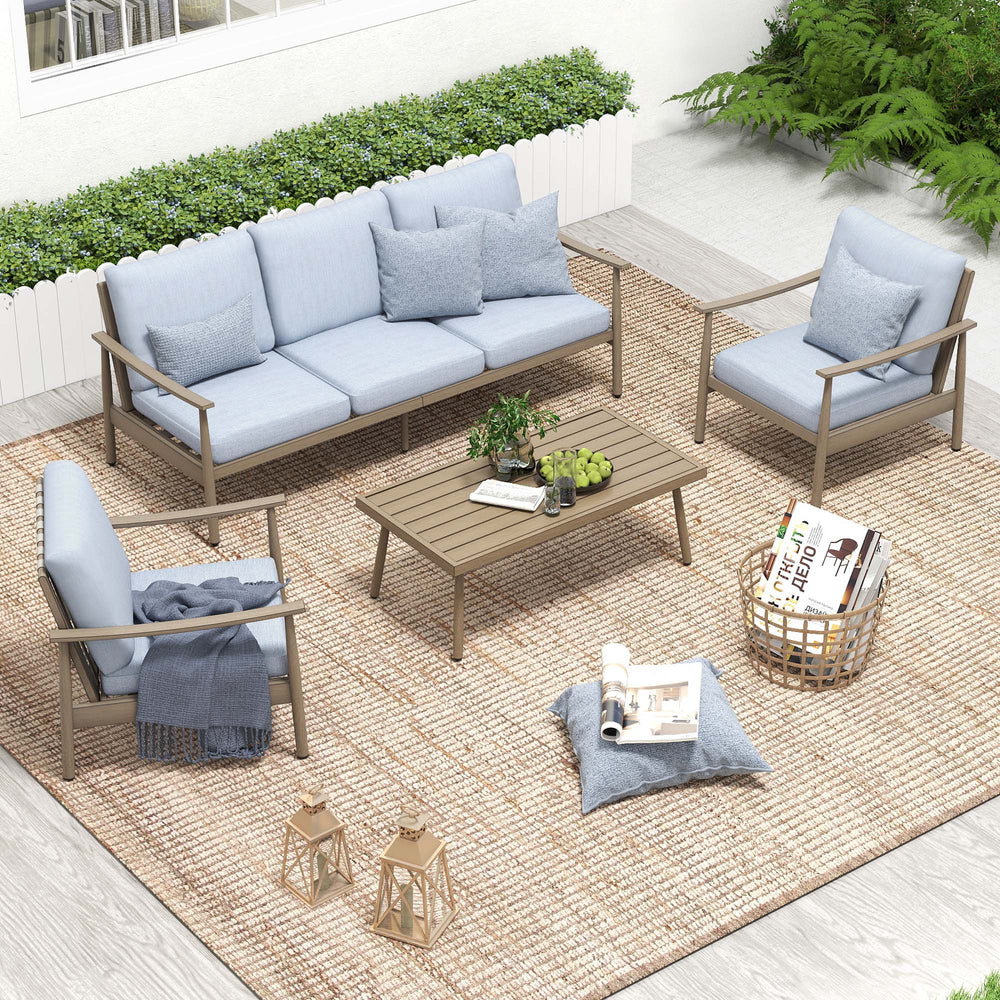 HAPPATIO Patio Outdoor Furniture Set - 4 Piece Aluminum Patio Conversation Set with 1 Coffee Table, 2 Armchairs and 1 Three-Seater Sofa, Aluminum Outdoor Furniture Set for Backyard Poolside