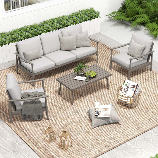 HAPPATIO Patio Outdoor Furniture Set - 4 Piece Aluminum Patio Conversation Set with 1 Coffee Table, 2 Armchairs and 1 Three-Seater Sofa, Aluminum Outdoor Furniture Set for Backyard Poolside