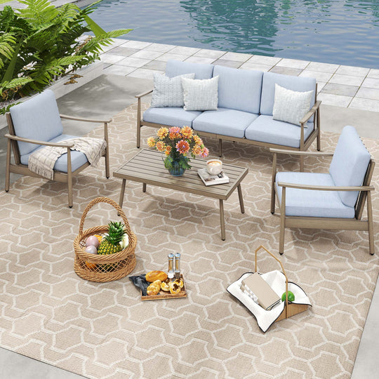 HAPPATIO Patio Outdoor Furniture Set - 4 Piece Aluminum Patio Conversation Set with 1 Coffee Table, 2 Armchairs and 1 Three-Seater Sofa, Aluminum Outdoor Furniture Set for Backyard Poolside