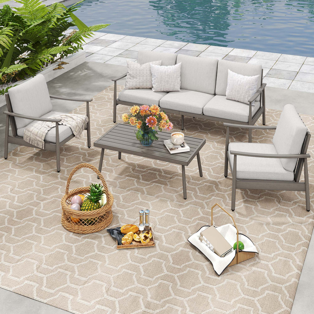 HAPPATIO Patio Outdoor Furniture Set - 4 Piece Aluminum Patio Conversation Set with 1 Coffee Table, 2 Armchairs and 1 Three-Seater Sofa, Aluminum Outdoor Furniture Set for Backyard Poolside