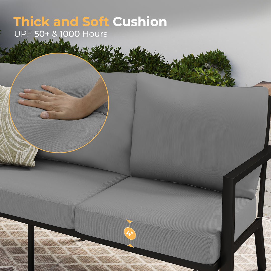 HAPPATIO Aluminum Patio Furniture Set, 4 Pieces Conversation Set with Thick Cushions and Coffee Table, All Weather Sofa Couch Waterproof and Rustproof for Garden, Backyard, Porch, Beige