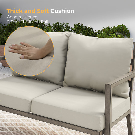 HAPPATIO Aluminum Patio Furniture Set, 4 Pieces Conversation Set with Thick Cushions and Coffee Table, All Weather Sofa Couch Waterproof and Rustproof for Garden, Backyard, Porch, Beige