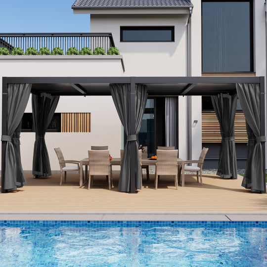 HAPPATIO Outdoor Louvered Pergola, Metal Pergola with Adjustable Rainproof Roof, Patio Pergola with Curtains and Mosquito Nets