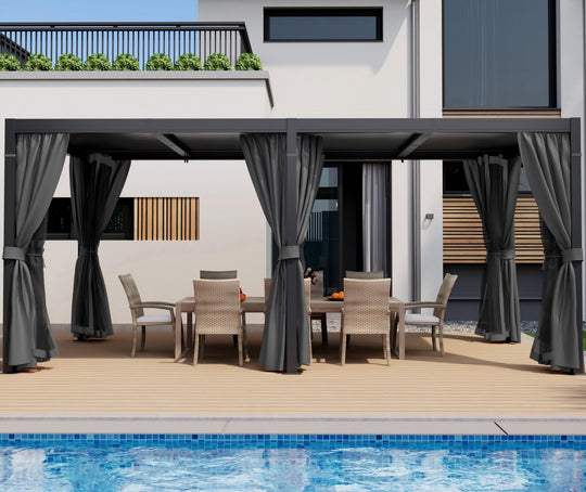 HAPPATIO Outdoor Louvered Pergola, Metal Pergola with Adjustable Rainproof Roof, Patio Pergola with Curtains and Mosquito Nets