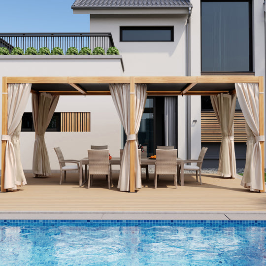 HAPPATIO Outdoor Louvered Pergola, Metal Pergola with Adjustable Rainproof Roof, Patio Pergola with Curtains and Mosquito Nets