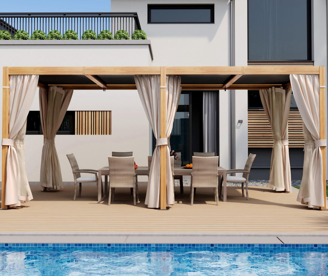 HAPPATIO Outdoor Louvered Pergola, Metal Pergola with Adjustable Rainproof Roof, Patio Pergola with Curtains and Mosquito Nets