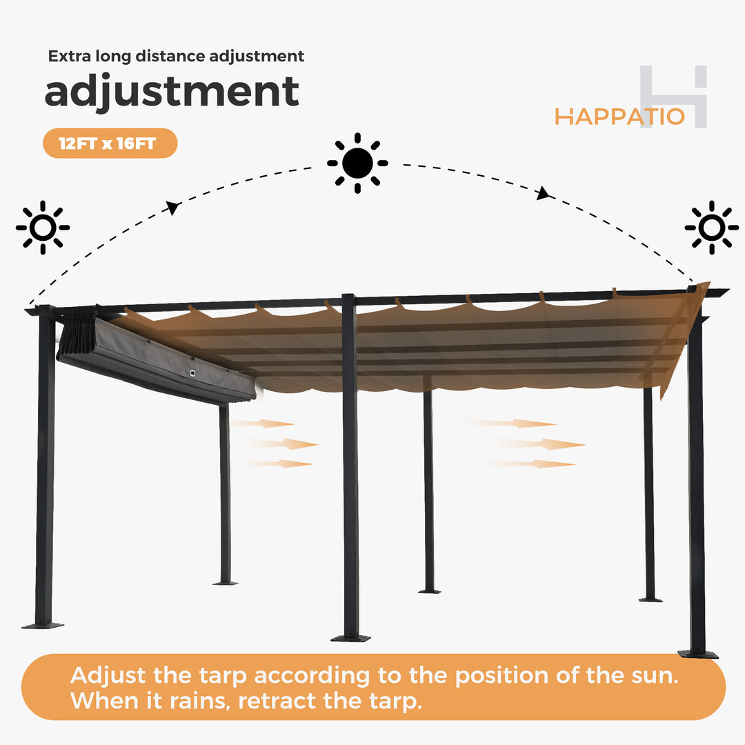 HAPPATIO 12 X 16' Outdoor Pergola Retractable Pergola for Backyard, Patio, Aluminum Frame with Sun Canopy (Grey)