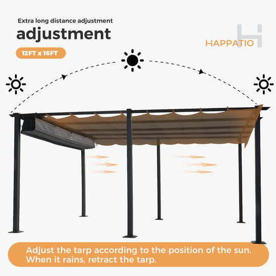 HAPPATIO 12 X 16' Outdoor Pergola Retractable Pergola for Backyard, Patio, Aluminum Frame with Sun Canopy (Grey)