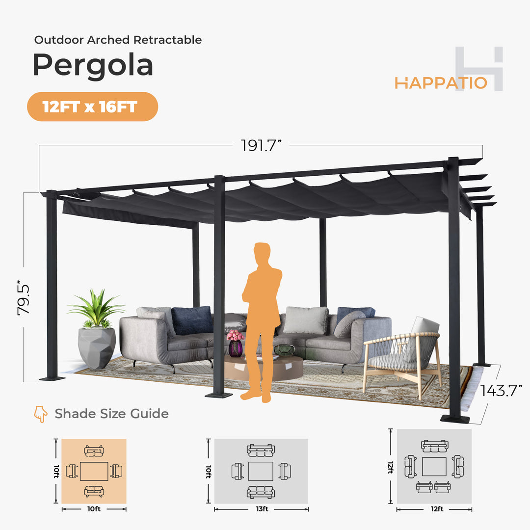 HAPPATIO 12 X 16' Outdoor Pergola Retractable Pergola for Backyard, Patio, Aluminum Frame with Sun Canopy (Grey)