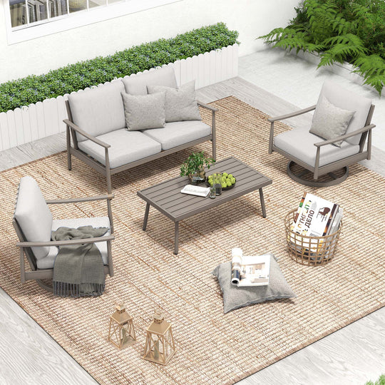 HAPPATIO Patio Outdoor Furniture Set - 4 Piece Aluminum Patio Conversation Set with 1 Coffee Table, 2 Swivel Chairs and 1 Loveseat, Aluminum Outdoor Furniture Set for Backyard Deck Poolside