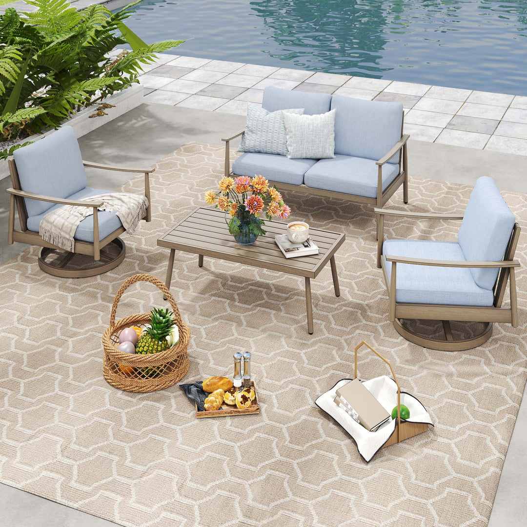 HAPPATIO Patio Outdoor Furniture Set - 4 Piece Aluminum Patio Conversation Set with 1 Coffee Table, 2 Swivel Chairs and 1 Loveseat, Aluminum Outdoor Furniture Set for Backyard Deck Poolside