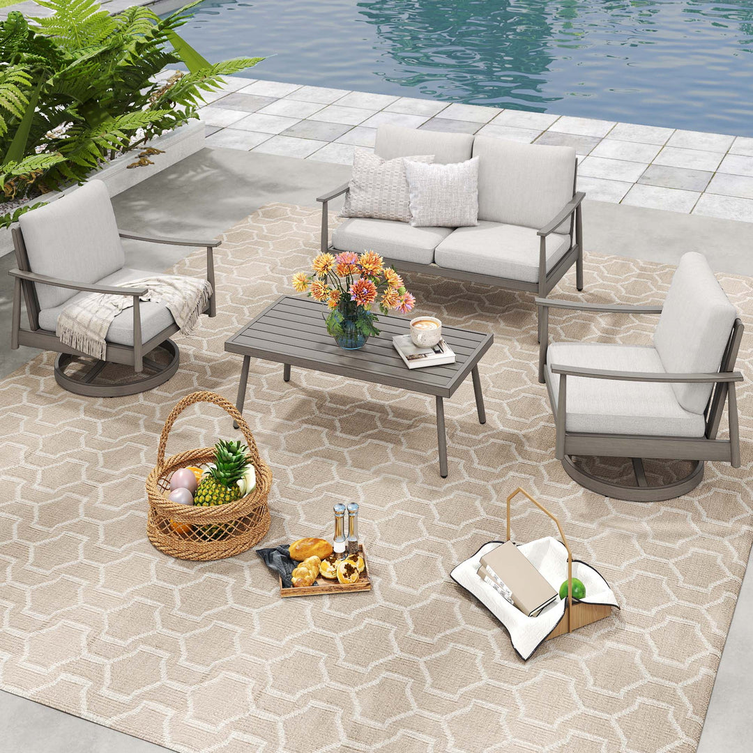 HAPPATIO Patio Outdoor Furniture Set - 4 Piece Aluminum Patio Conversation Set with 1 Coffee Table, 2 Swivel Chairs and 1 Loveseat, Aluminum Outdoor Furniture Set for Backyard Deck Poolside