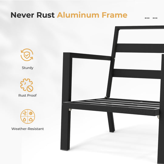 HAPPATIO Aluminum Patio Furniture Set, 3 Pieces Conversation Set with Thick Cushions and Side Table, Waterproof and Rustproof for All weather, Seating Sofa for Garden, Backyard, Porch