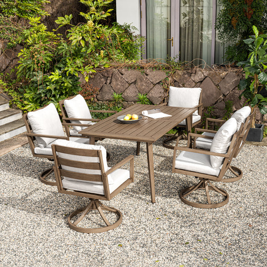 HAPPATIO Outdoor Dining Set,  Aluminum Patio Dining Set with Wood-Like Hand-Painted Finish, Dining Chairs with Waterproof Cushions, Easy Assembly for Backyard, Garden, Porch