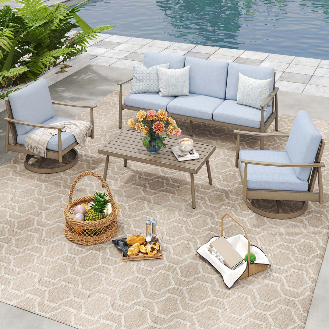 HAPPATIO Patio Outdoor Furniture Set - 4 Piece Aluminum Patio Conversation Set with 1 Coffee Table, 2 Swivel Chairs and 1 Three-Seater Sofa, Aluminum Outdoor Furniture Set for Backyard Poolside