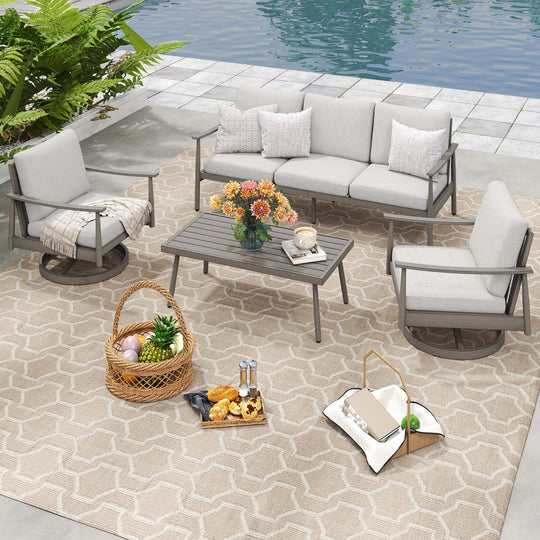 HAPPATIO Patio Outdoor Furniture Set - 4 Piece Aluminum Patio Conversation Set with 1 Coffee Table, 2 Swivel Chairs and 1 Three-Seater Sofa, Aluminum Outdoor Furniture Set for Backyard Poolside