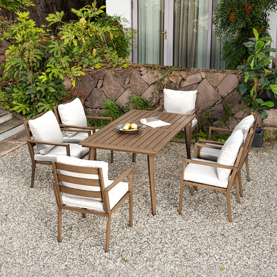 HAPPATIO Outdoor Dining Set,  Aluminum Patio Dining Set with Wood-Like Hand-Painted Finish, Dining Chairs with Waterproof Cushions, Easy Assembly for Backyard, Garden, Porch