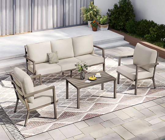 HAPPATIO Aluminum Patio Furniture Set, 4 Pieces Conversation Set with Thick Cushions and Coffee Table, All Weather Sofa Couch Waterproof and Rustproof for Garden, Backyard, Porch, Beige